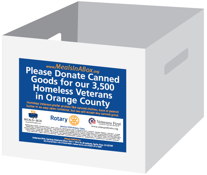 A white Meals in a Box collection box with a sign asking for canned goods for 3,500 homeless veterans in Orange County